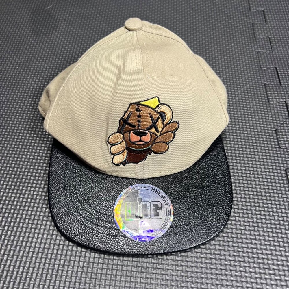 LTC Snapback Hat With Bear Logo Embroidery & Faux Leather Brim Adjustable Tan &